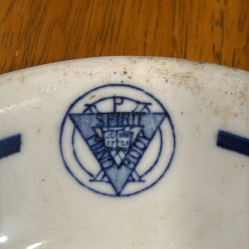 Antique YMCA Buffalo China 1927 dish. White with blue writing. Spirit mind body